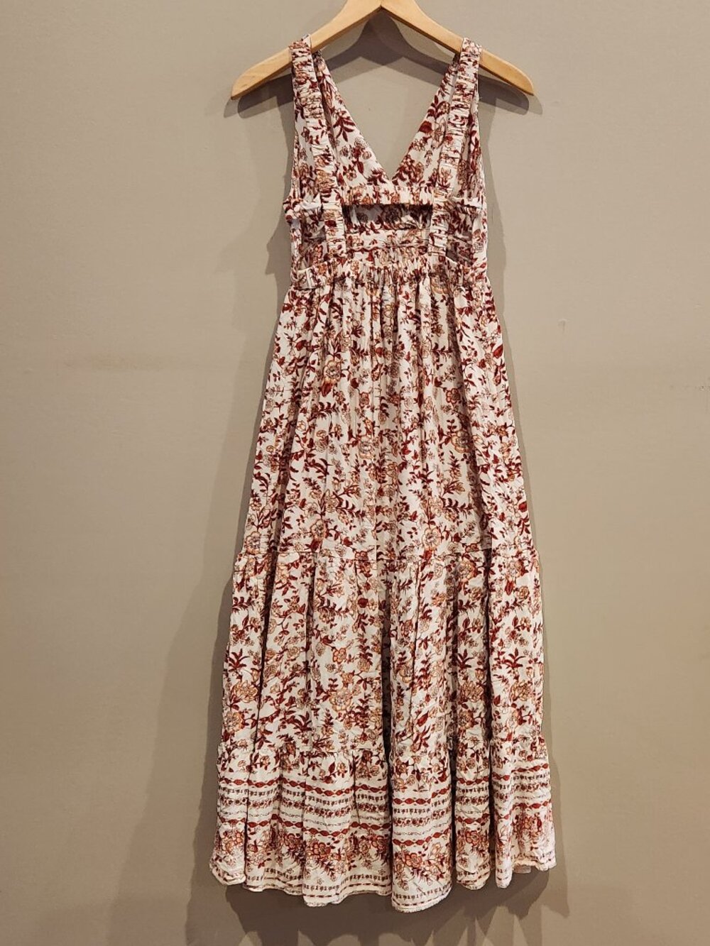 Angie Floral Boho Midi Dress Ivory Rust Sleeveless Size Small - Picture 2 of 3